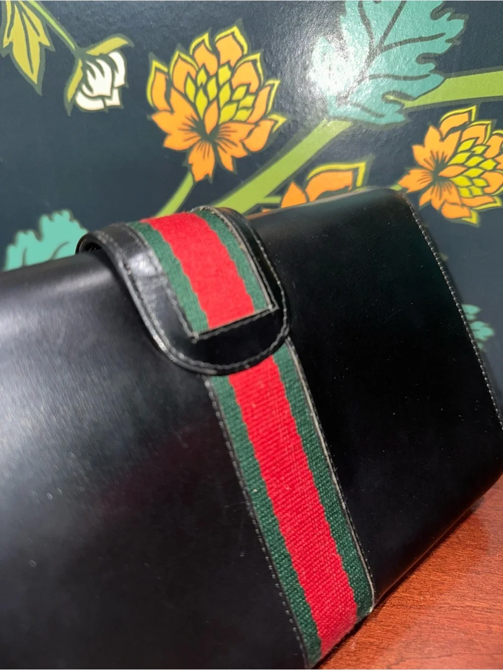 Vintage 1970s Gucci Black Leather Web Stripe GG Clutch